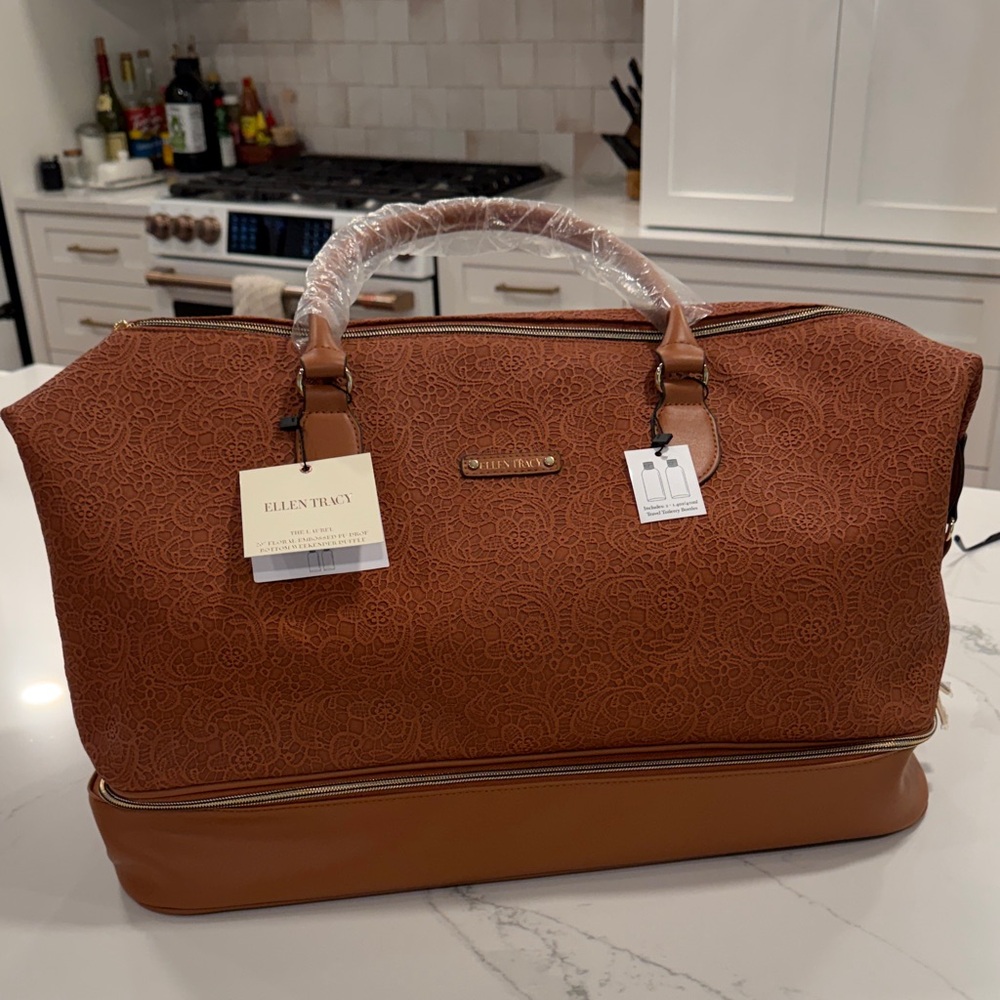 NWT Ellen Tracy Embossed Floral Weekender Bag - Cognac Brown